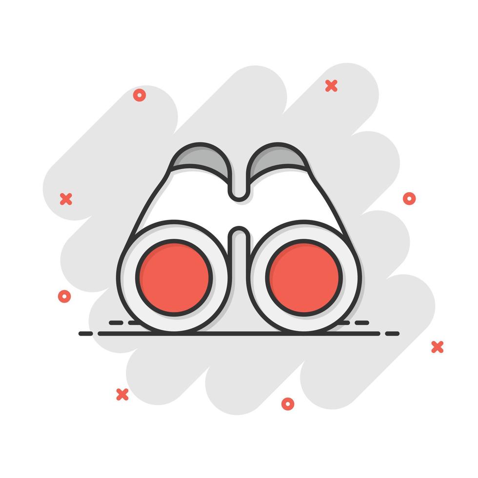 Binocular icon in comic style. Search cartoon vector illustration on white isolated background. Zoom splash effect business concept.