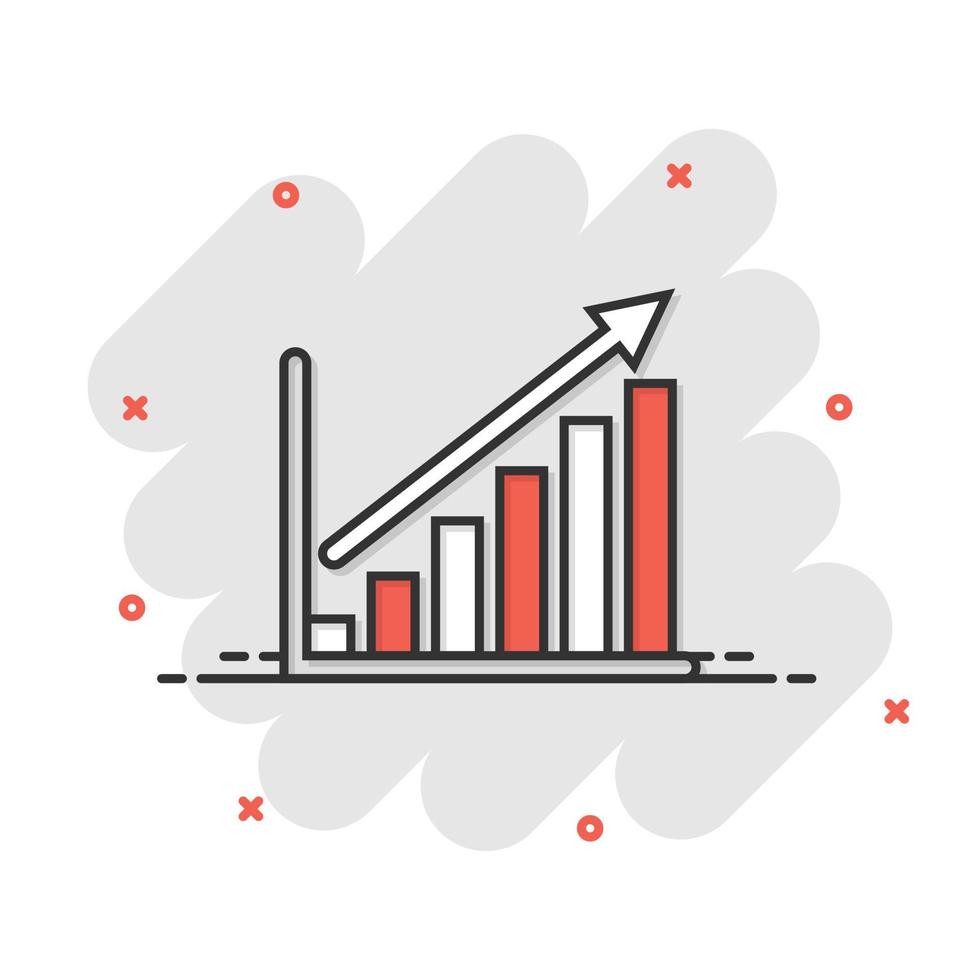 icono de gráfico de gráfico en estilo cómico. flecha crecer ilustración vectorial de dibujos animados sobre fondo blanco aislado. concepto de negocio de efecto de salpicadura de análisis. vector