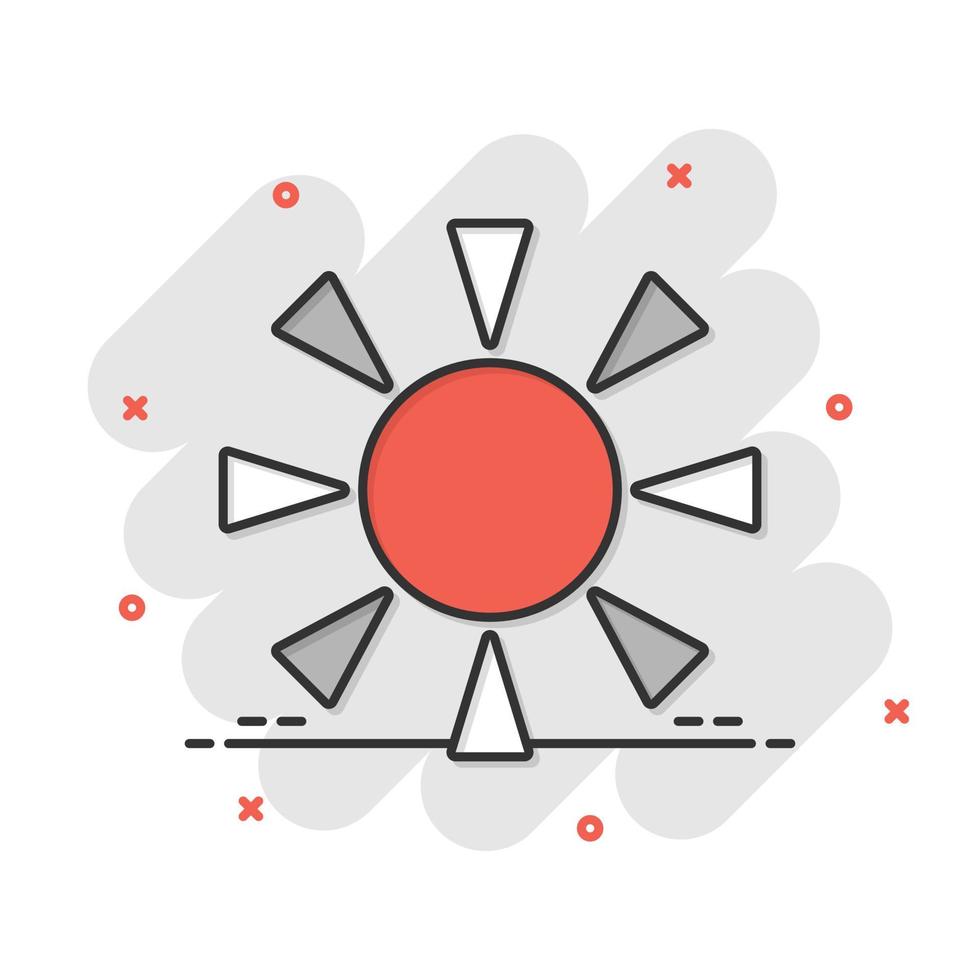 icono de sol en estilo cómico. ilustración de vector de signo de dibujos animados de luz solar sobre fondo blanco aislado. concepto de negocio de efecto de salpicadura de luz diurna.