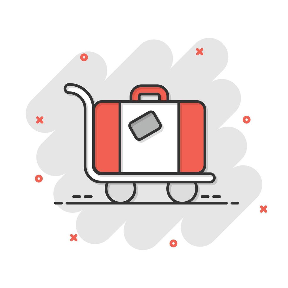icono de bolsa de viaje en estilo cómico. Ilustración de vector de dibujos animados de equipaje sobre fondo blanco aislado. concepto de negocio de efecto de salpicadura de equipaje.