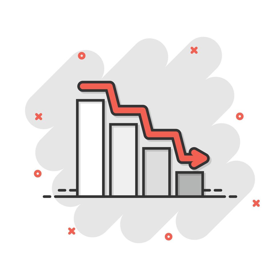 Market trend icon in comic style. Decline arrow with magnifier cartoon vector illustration on white isolated background. Decrease splash effect business concept.