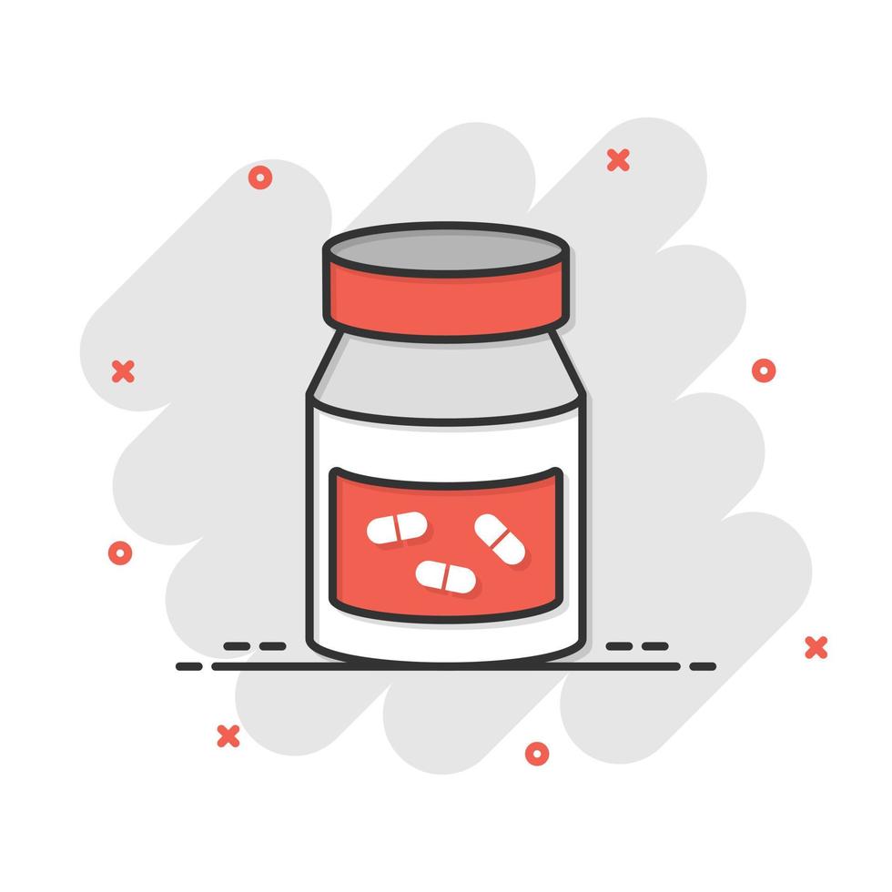 Pill bottle icon in comic style. Drugs cartoon vector illustration on white isolated background. Pharmacy splash effect business concept.