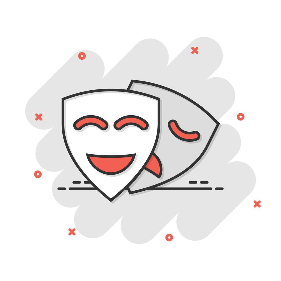 Theater mask icon in comic style. Comedy and tragedy cartoon vector illustration on white isolated background. Smile face splash effect business concept.