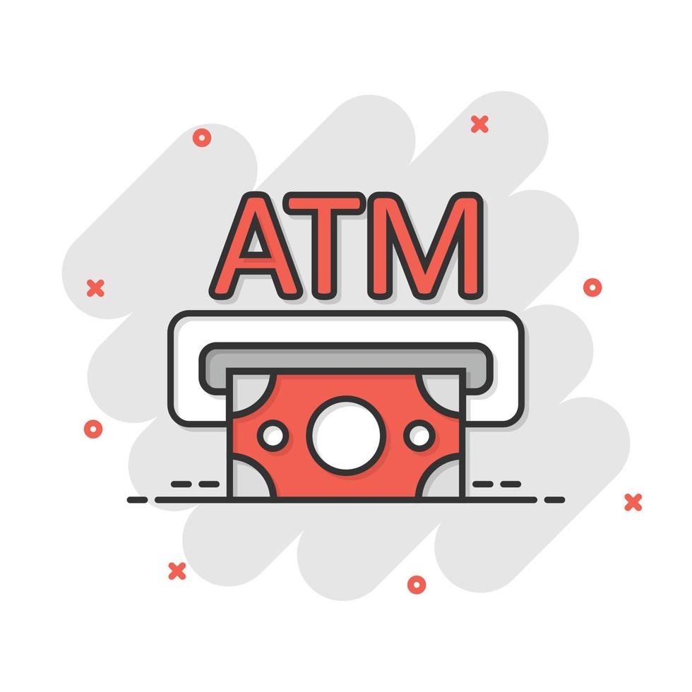 Money ATM icon in comic style. Exchange cash cartoon vector illustration on white isolated background. Banknote bill splash effect business concept.