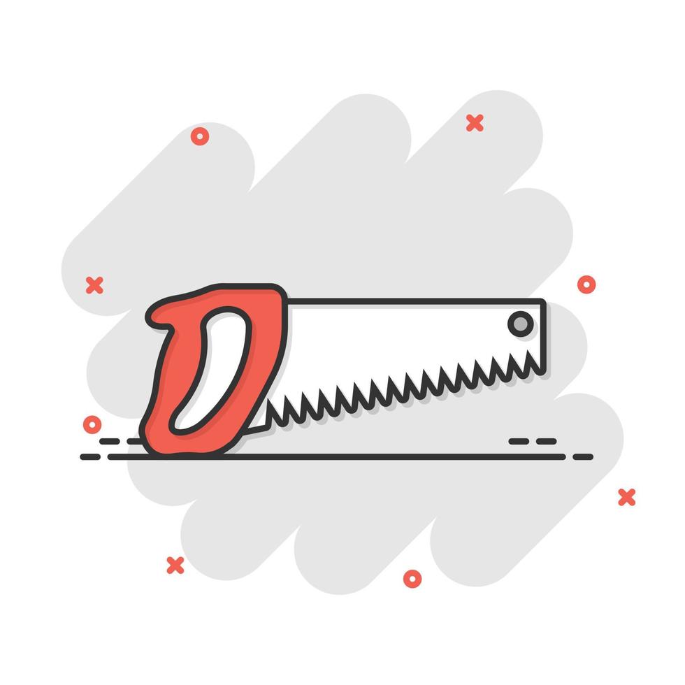 Saw blade icon in comic style. Working tools cartoon vector illustration on white isolated background. Hammer splash effect business concept.