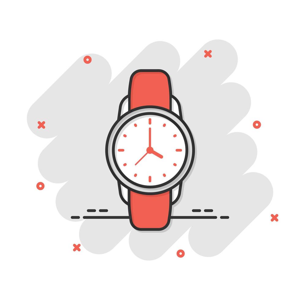 Wrist watch icon in comic style. Hand clock cartoon vector illustration on white isolated background. Time bracelet splash effect business concept.