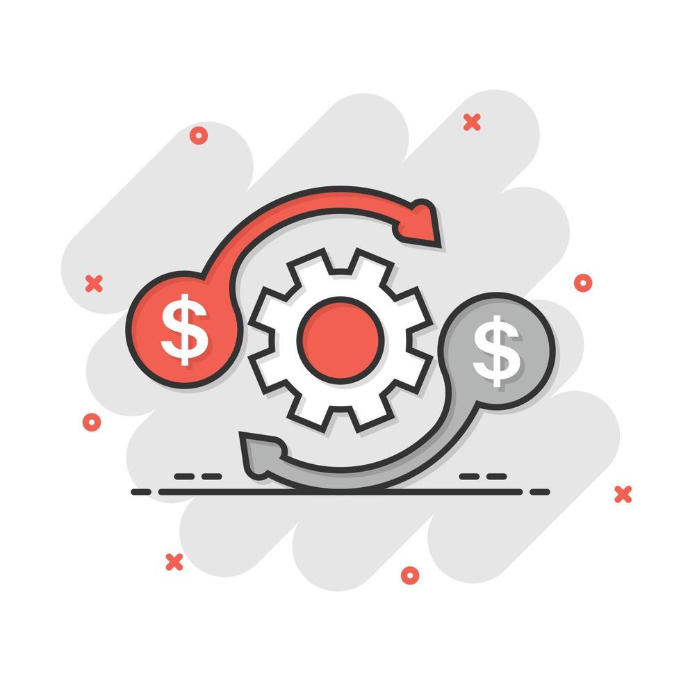 icono de optimización de dinero en estilo cómico. Ilustración de vector de dibujos animados eficaz de engranaje sobre fondo blanco aislado. concepto de negocio de efecto de salpicadura de proceso financiero.