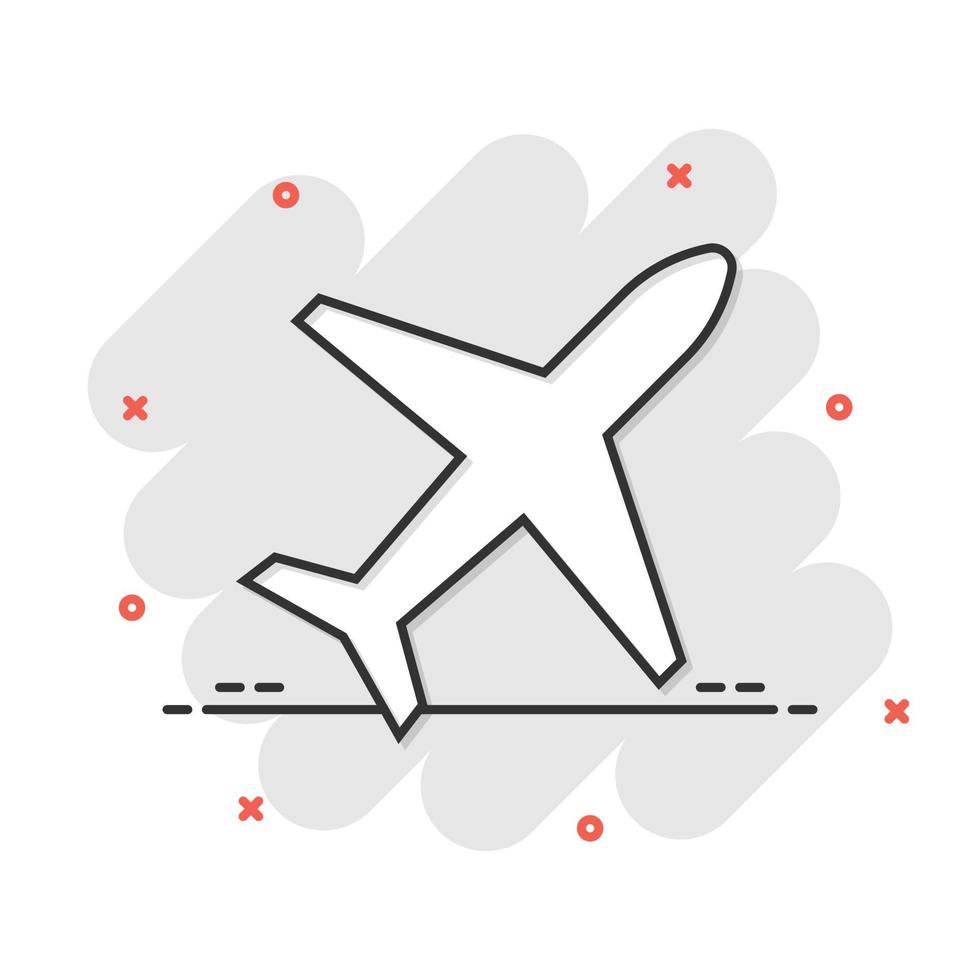 Plane icon in comic style. Airplane cartoon vector illustration on white isolated background. Flight airliner splash effect business concept.