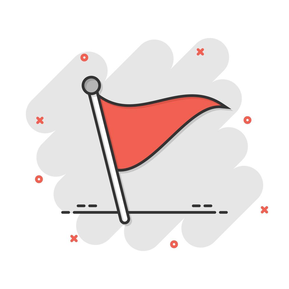 Flag icon in comic style. Pin cartoon vector illustration on white isolated background. Flagpole splash effect business concept.