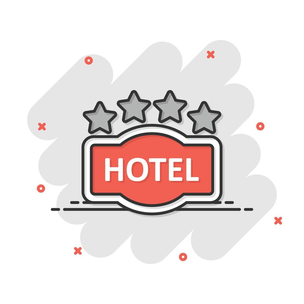 Hotel 4 stars sign icon in comic style. Inn cartoon vector illustration on white isolated background. Hostel room information splash effect business concept.