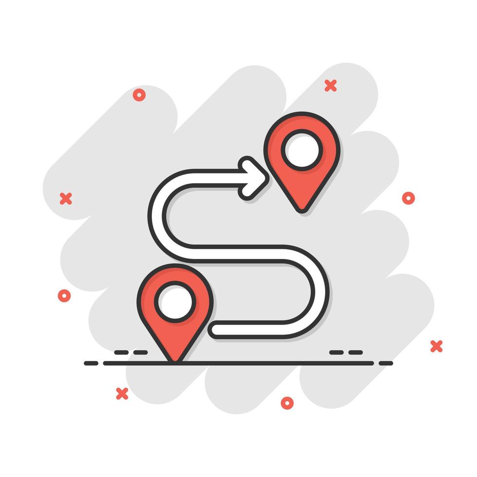 Map pin icon in comic style. GPS navigation cartoon vector illustration on white isolated background. Locate position splash effect business concept.