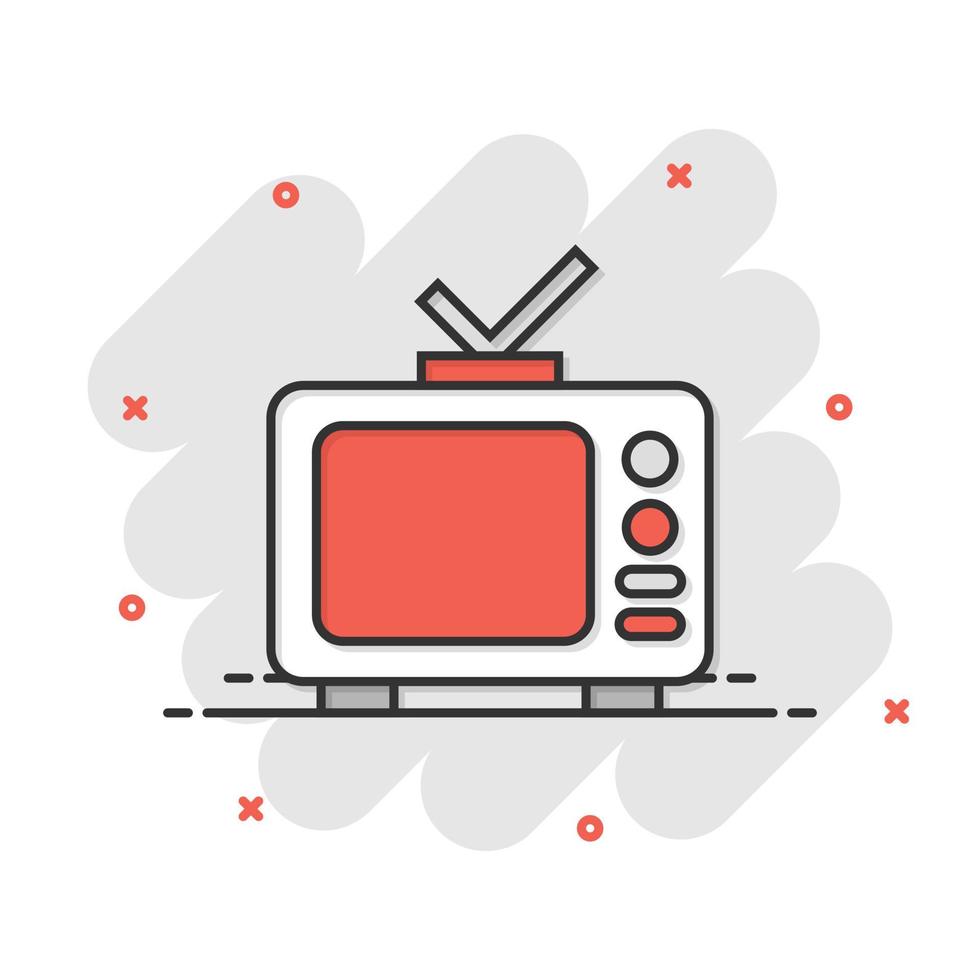 icono de tv en estilo cómico. ilustración de vector de signo de dibujos animados de televisión sobre fondo blanco aislado. concepto de negocio de efecto de salpicadura de canal de video.