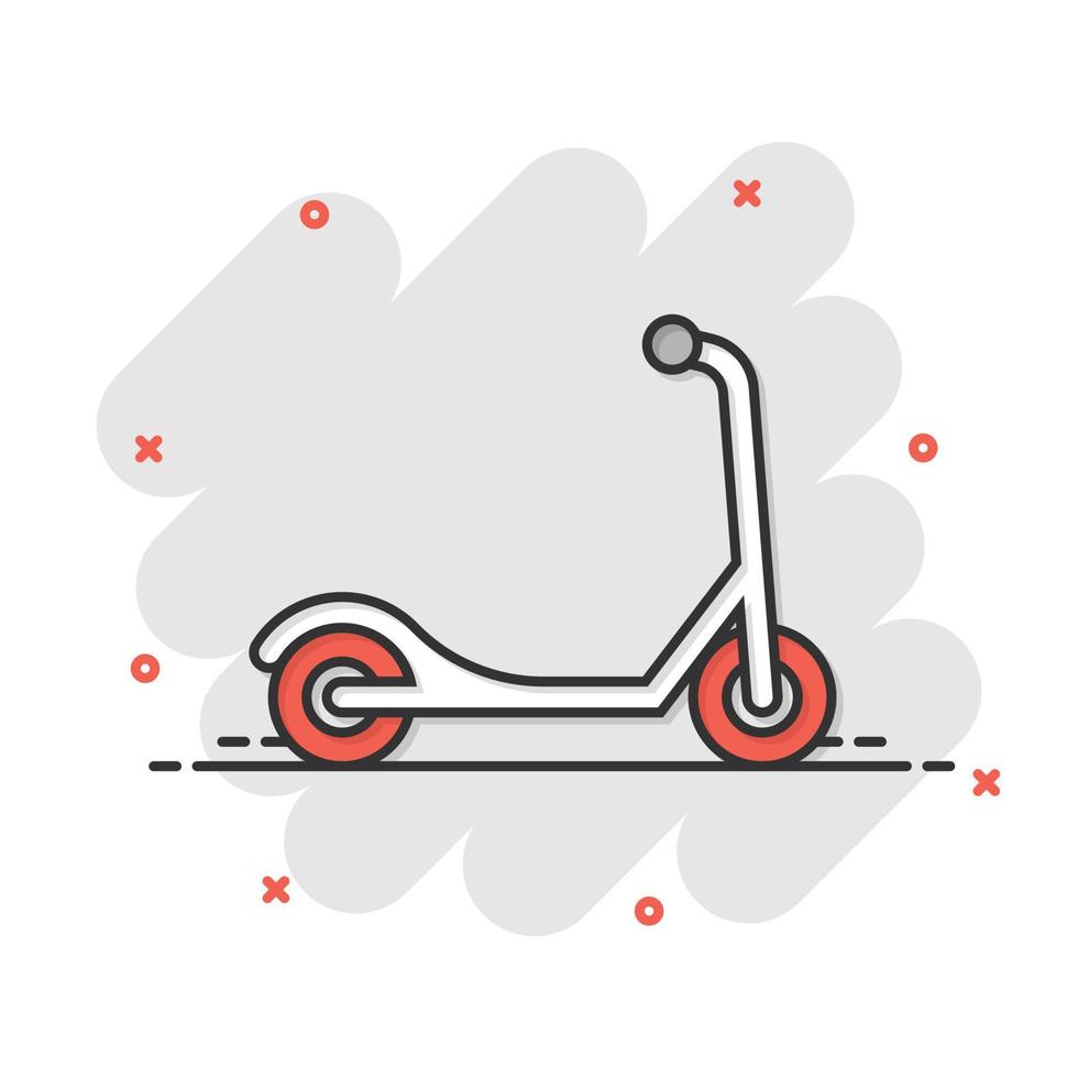 Electric scooter icon in comic style. Bike cartoon vector illustration on white isolated background. Transport splash effect business concept.