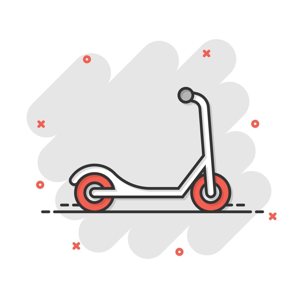 icono de scooter eléctrico en estilo cómico. ilustración de vector de dibujos animados de bicicleta sobre fondo blanco aislado. concepto de negocio de efecto de salpicadura de transporte.