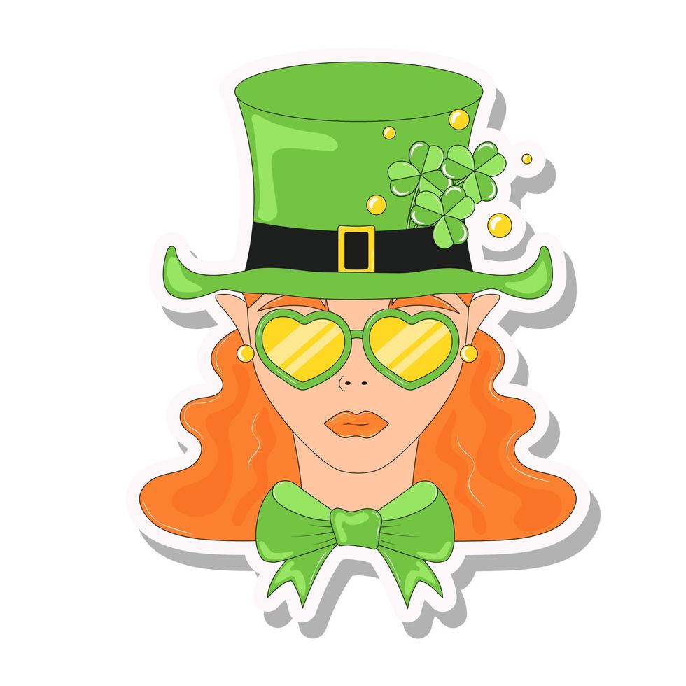 Leprechaun Girl Redhead Girl in Green Hat and Glasses with Green Bow Tie St Patricks Day vector