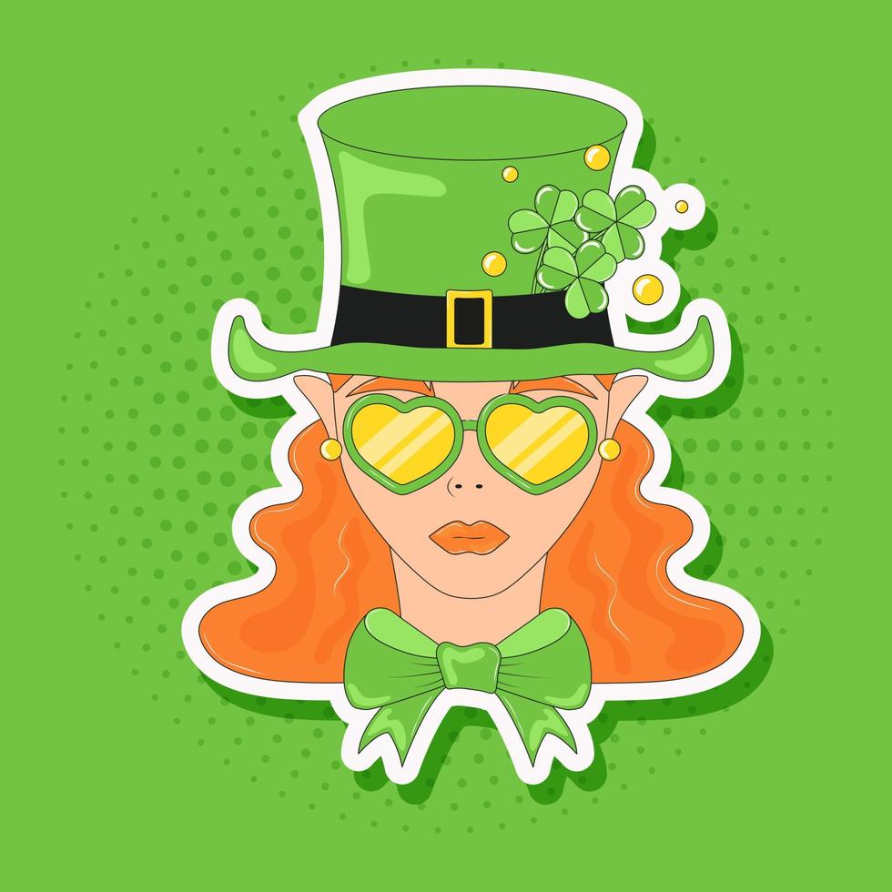 Leprechaun Girl Redhead Girl in Green Hat and Glasses with Green Bow Tie St Patricks Day vector