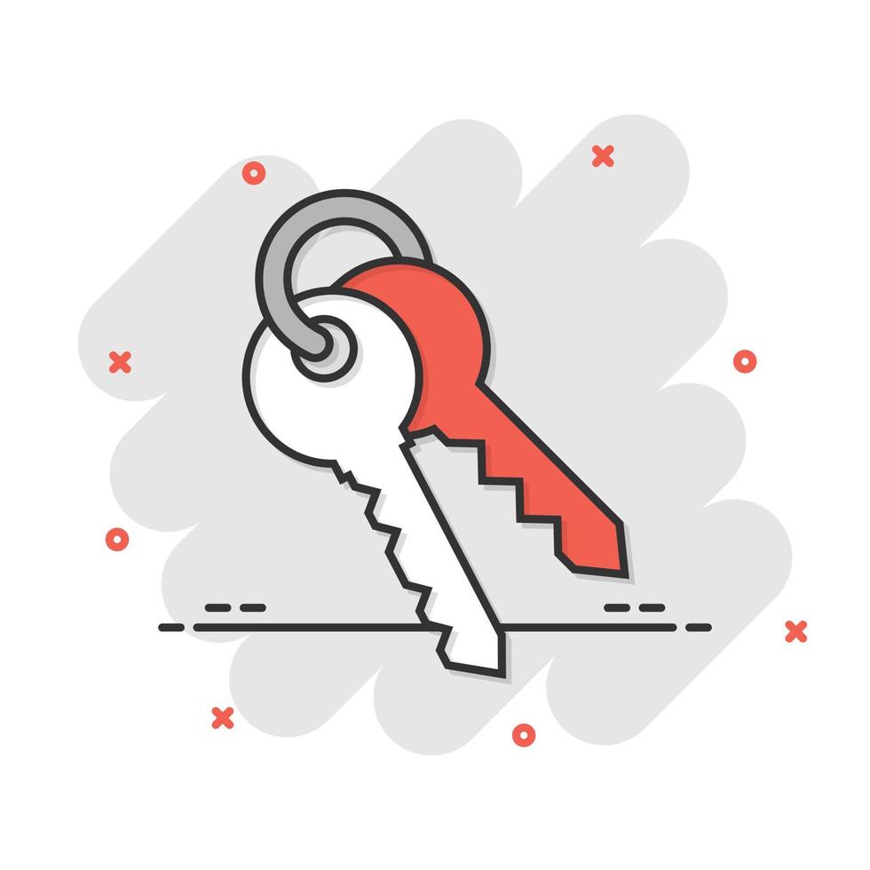 Key icon in comic style. Password cartoon vector illustration on white isolated background. Access splash effect business concept.