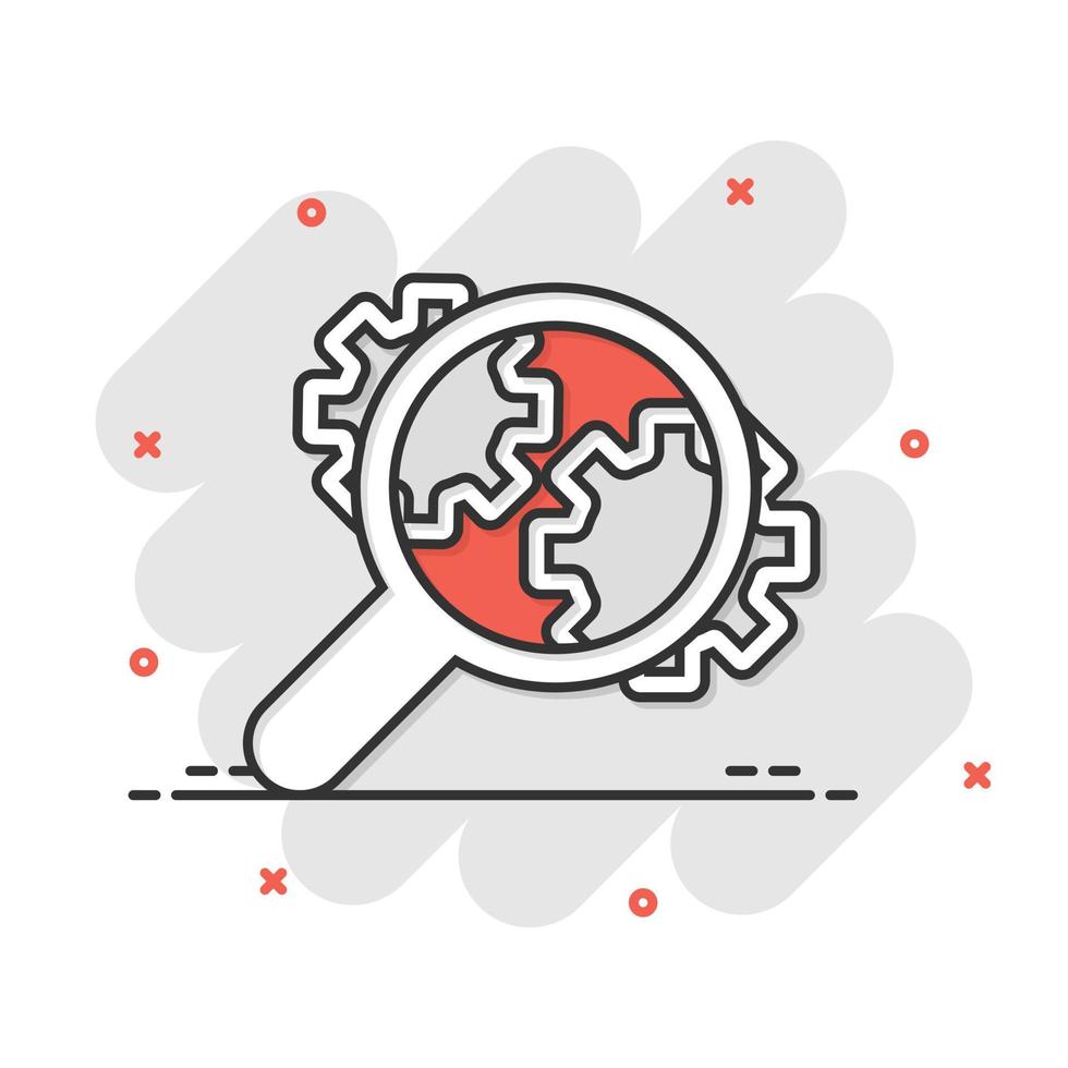Loupe with gear icon in comic style. Magnifying glass cartoon vector illustration on white isolated background. Seo exploration splash effect business concept.