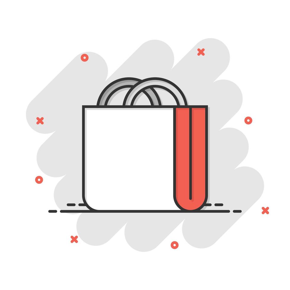 icono de bolsa de compras en estilo cómico. Ilustración de vector de signo de dibujos animados de bolso sobre fondo blanco aislado. concepto de negocio de efecto de salpicadura de paquete.