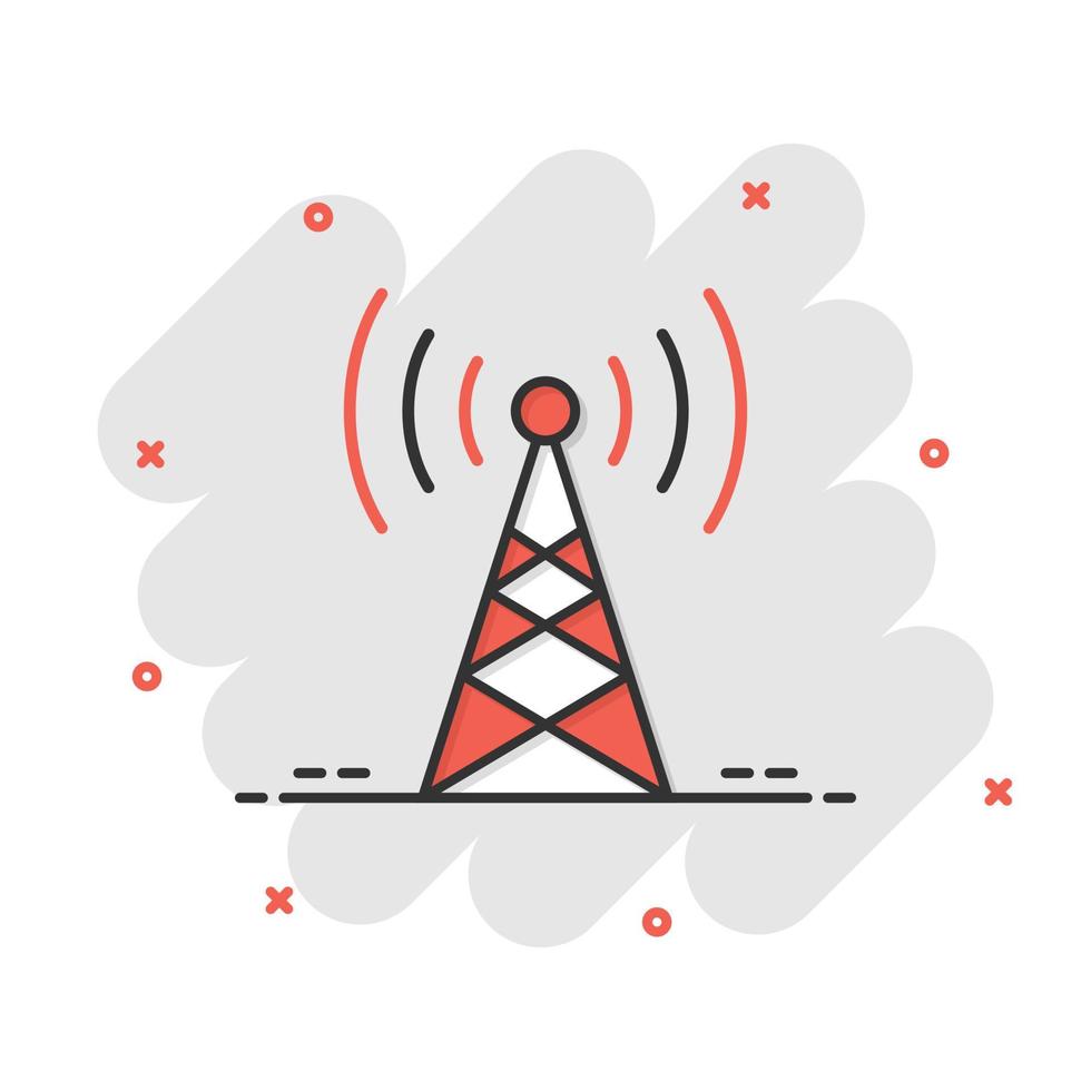 Antenna tower icon in comic style. Broadcasting cartoon vector illustration on white isolated background. Wifi splash effect business concept.