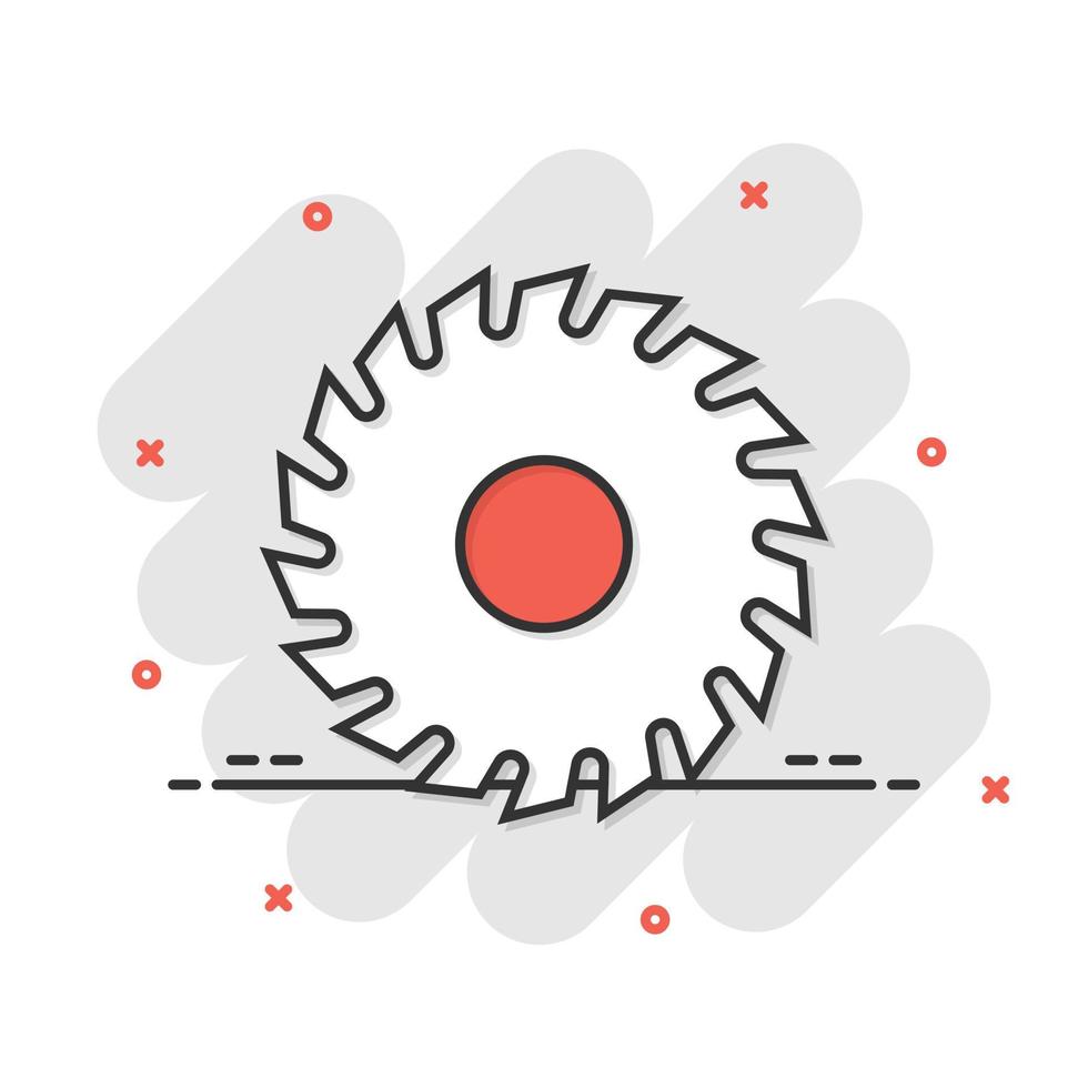 Saw blade icon in comic style. Circular machine cartoon vector illustration on white isolated background. Rotary disc splash effect business concept.