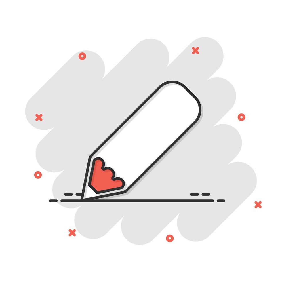 Pencil icon in comic style. Pen cartoon vector illustration on white isolated background. Drawing splash effect business concept.
