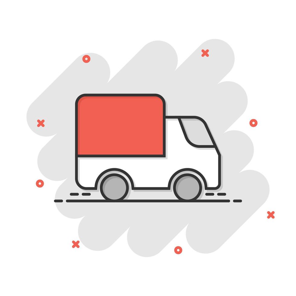 icono de camión de reparto en estilo cómico. furgoneta ilustración vectorial de dibujos animados sobre fondo blanco aislado. concepto de negocio de efecto de salpicadura de coche de carga. vector