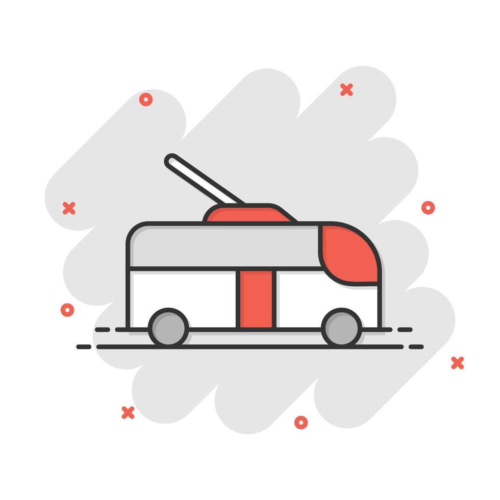 icono de trolebús en estilo cómico. Ilustración de vector de dibujos animados de trolebús sobre fondo blanco aislado. concepto de negocio de efecto de salpicadura de vehículo autobus.