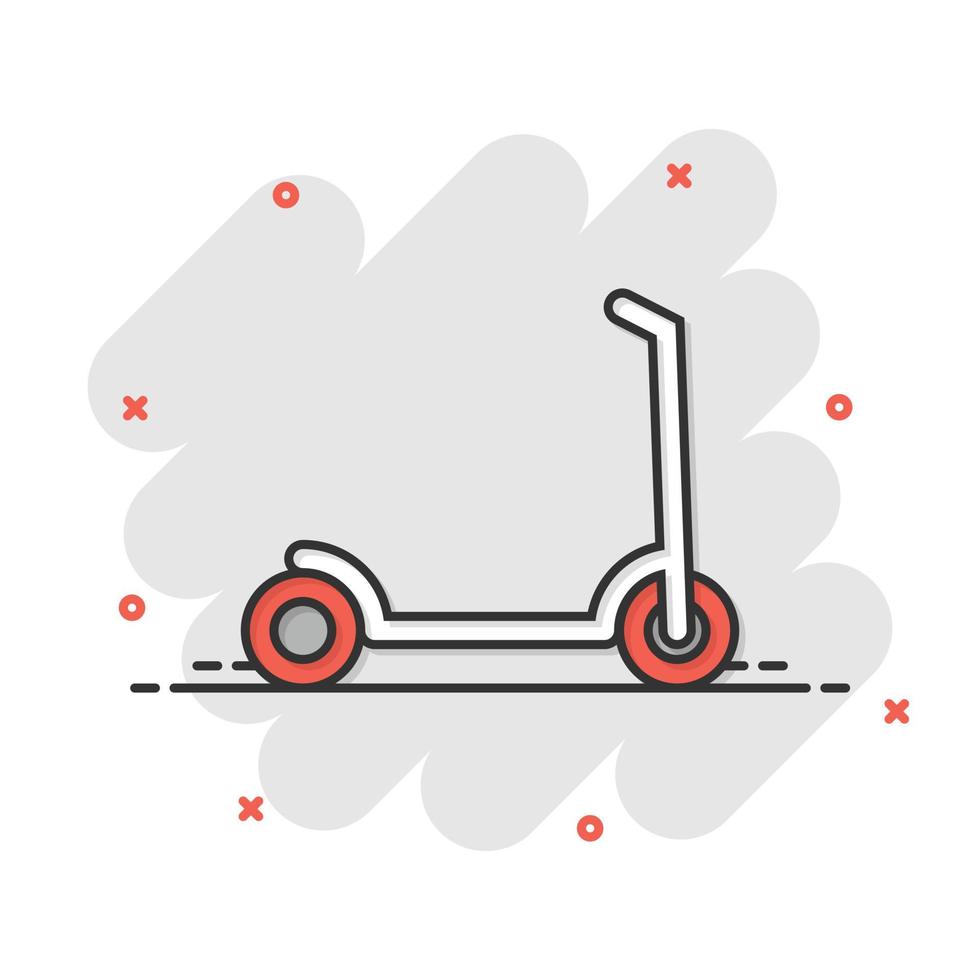 icono de scooter eléctrico en estilo cómico. ilustración de vector de dibujos animados de bicicleta sobre fondo blanco aislado. concepto de negocio de efecto de salpicadura de transporte.