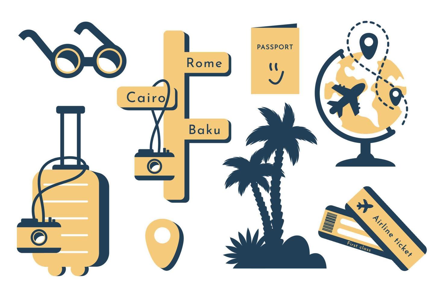 Collection of travel icon. Set of tourism template for web, promotional, advertising, journey agency. Trip labeles as plane ticket, passport, camera, palm, location symbol, sunglass, suitcase. Vector