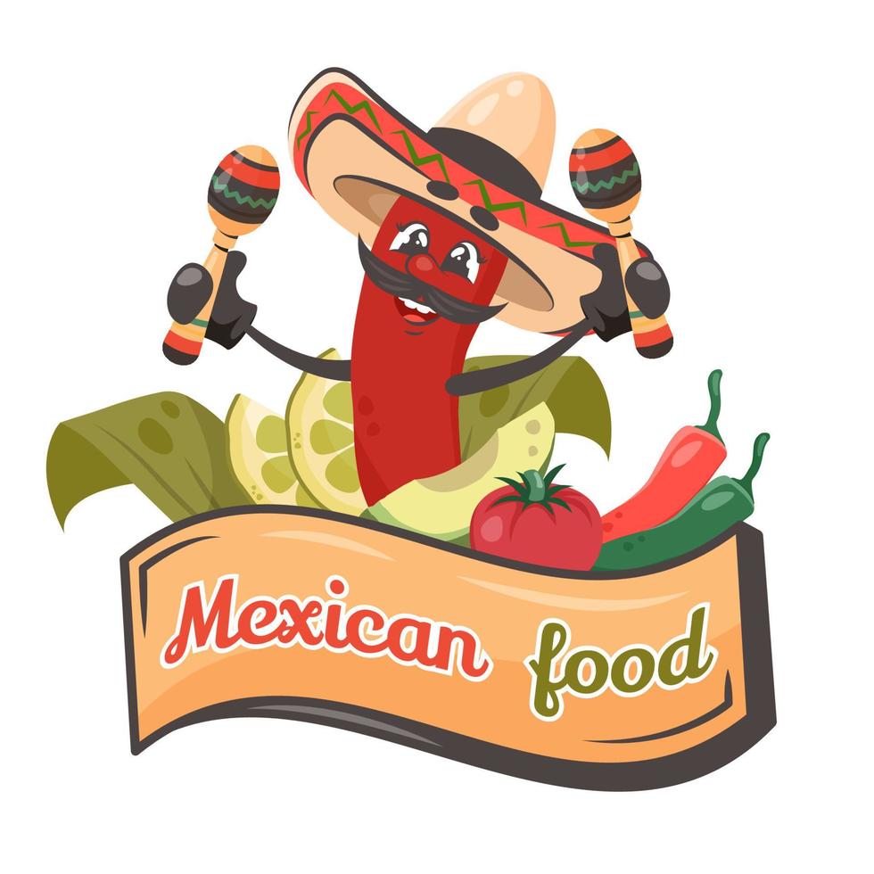 lindo personaje cómico pimiento rojo con verduras y maracas. comida mexicana. ilustración vectorial dibujada por garabatos para platos, menú, afiche, volante, pancarta, entrega, concepto de cocina vector