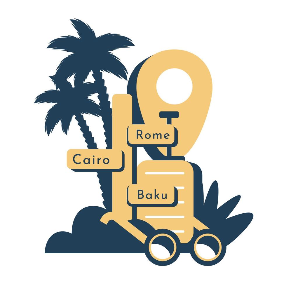 Trip template with location symbol, sunglasses, palms, suitcase, pointer. Summer travel sticker.Tourism travelling concept. Vector flat illustration for web, promotional, advertising, journey agency.