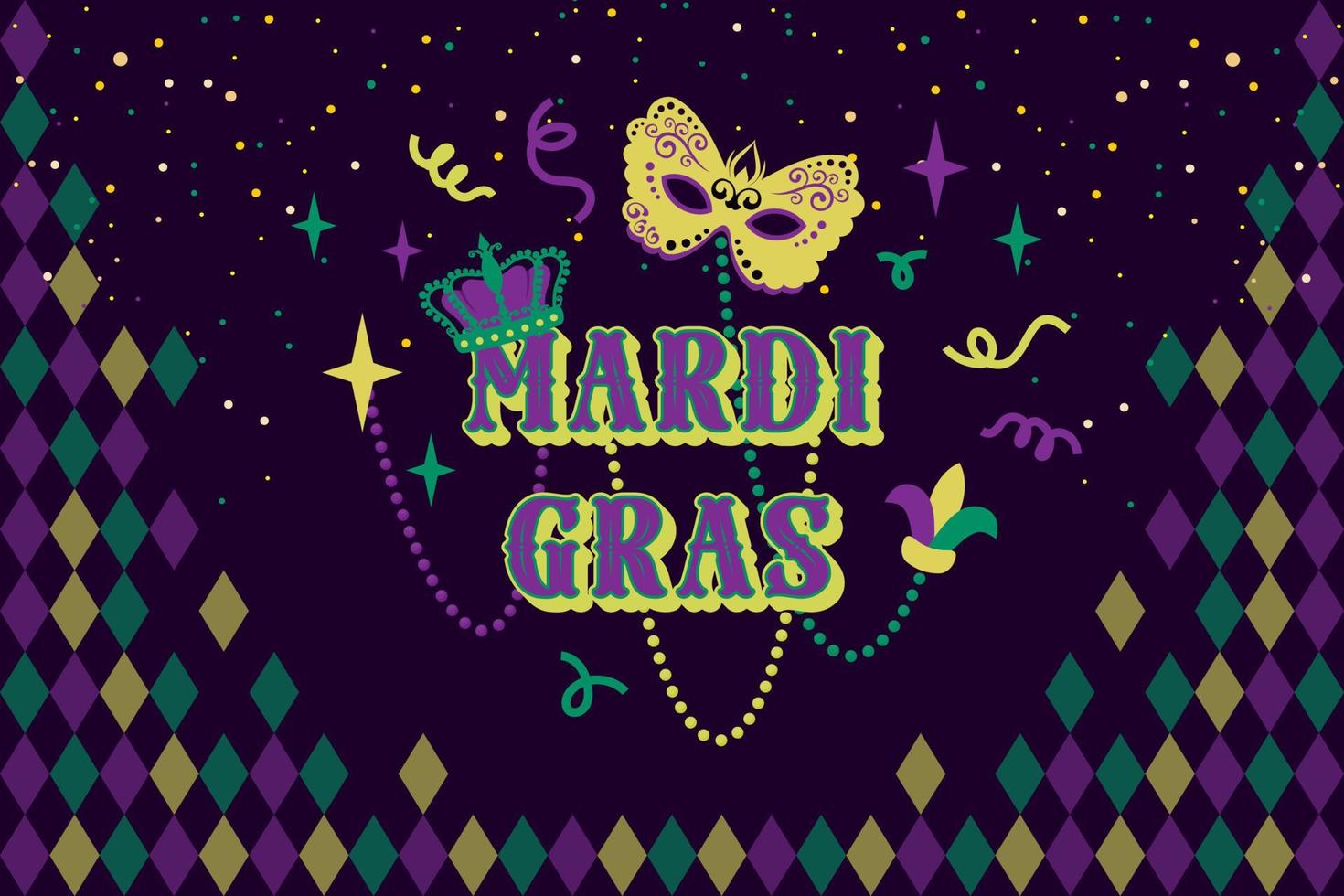 Mardi Gras greeting banner. Traditional carnival mask, beads, royal crown, confetti for holiday. Template for celebration costume party, masquerade ball. Vector illustration for invitation, flyer