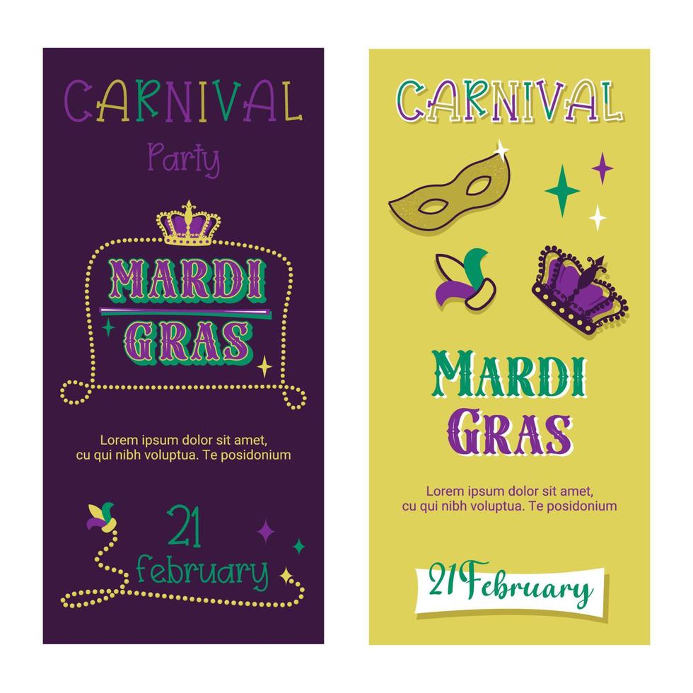 Mardi Gras poster. Set of Colorful Holiday flyer template with masquerade mask, beads, confetti, traditional elements for party. Vector flat illustration for invitation, festival announcement