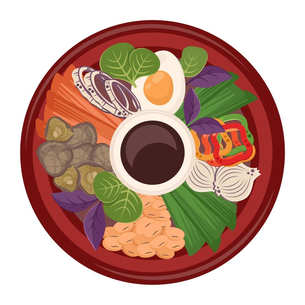 Asian national dish closeup with meat, pepper, shiitake mushrooms, onions, egg, sauce,soya beans. Chinese food. Vector flat illustration for menu, delivery, cooking concept