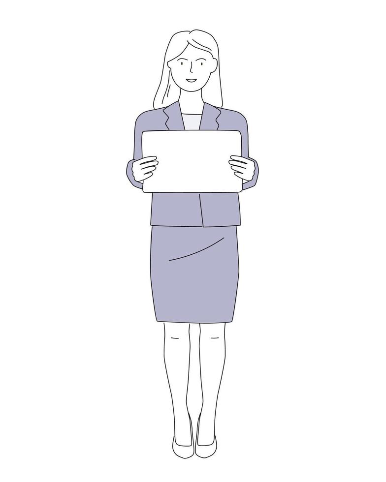 A woman in a strict suit will explain, show, teach, hold a banner, a poster in her hands. A business person, a teacher makes a presentation. Vector line graphics.