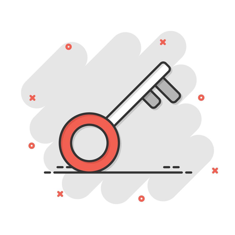 Key icon in comic style. Password cartoon vector illustration on white isolated background. Access splash effect business concept.