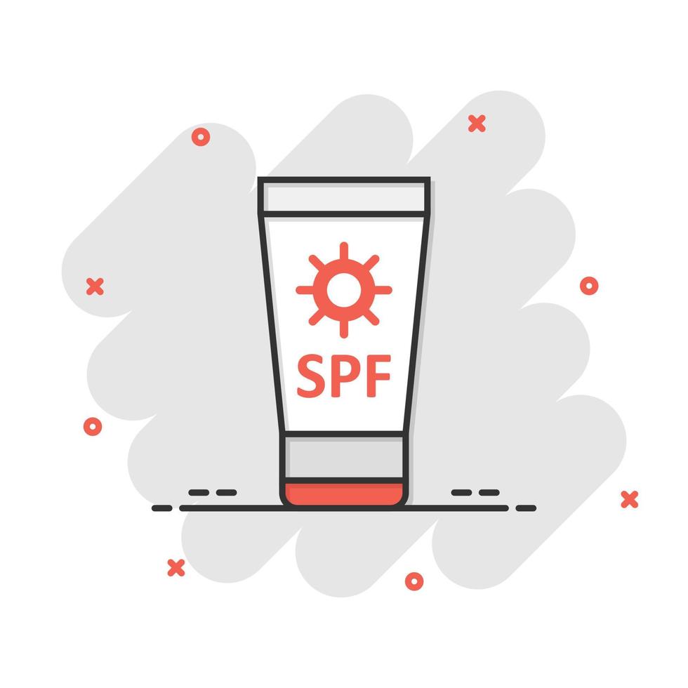 icono de protección solar en estilo cómico. ilustración de vector de dibujos animados de crema de bloqueador solar sobre fondo blanco aislado. concepto de negocio de efecto de salpicadura de atención spf.