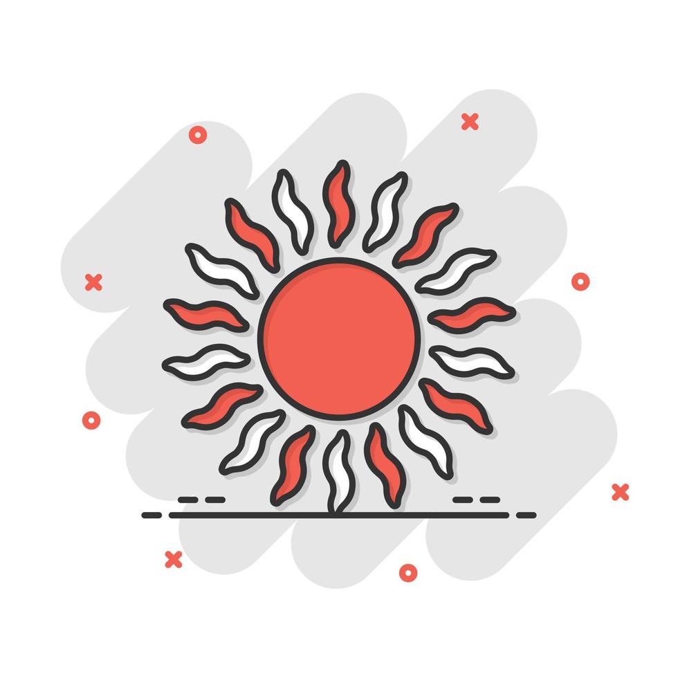 icono de sol en estilo cómico. ilustración de vector de signo de dibujos animados de luz solar sobre fondo blanco aislado. concepto de negocio de efecto de salpicadura de luz diurna.