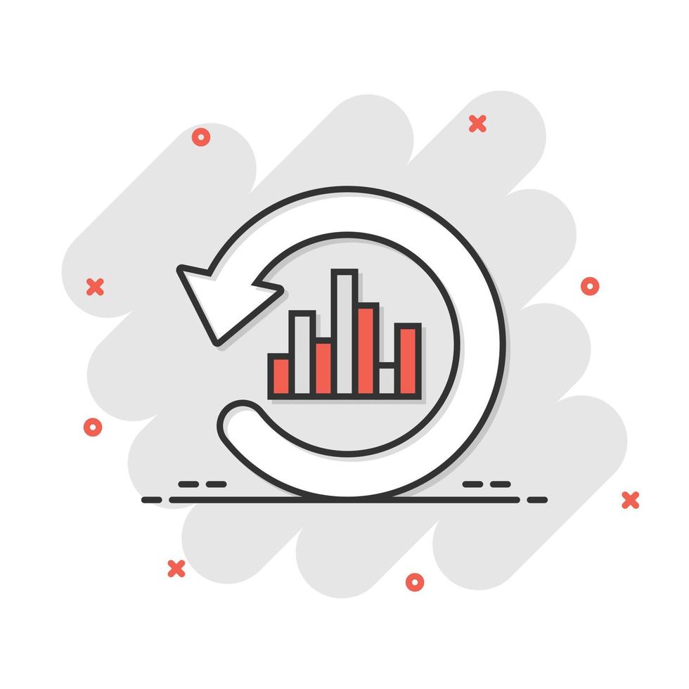 Growing bar graph icon in comic style. Increase arrow cartoon vector illustration on white isolated background. Infographic progress splash effect business concept.