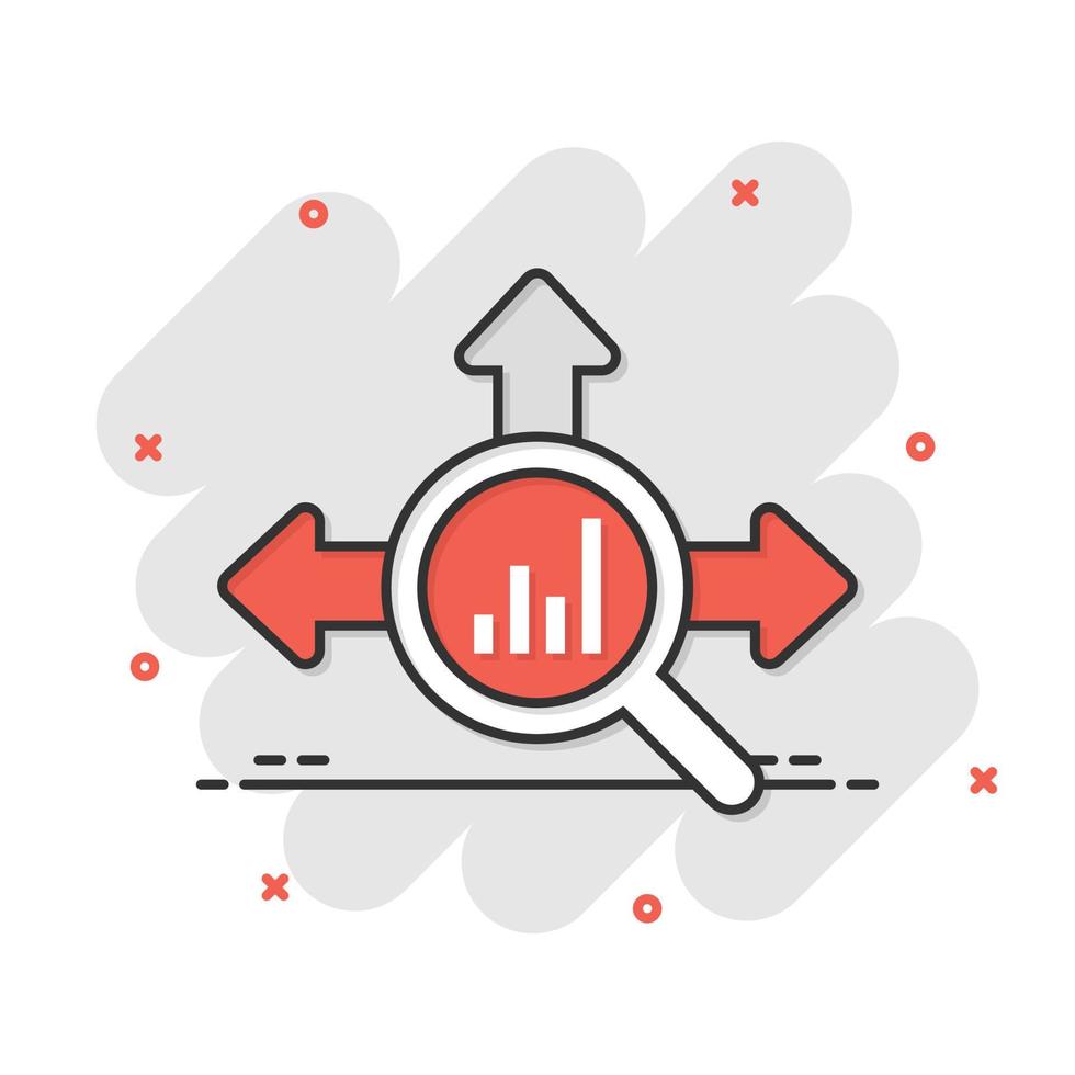 Market trend icon in comic style. Growth arrow with magnifier cartoon vector illustration on white isolated background. Increase splash effect business concept.