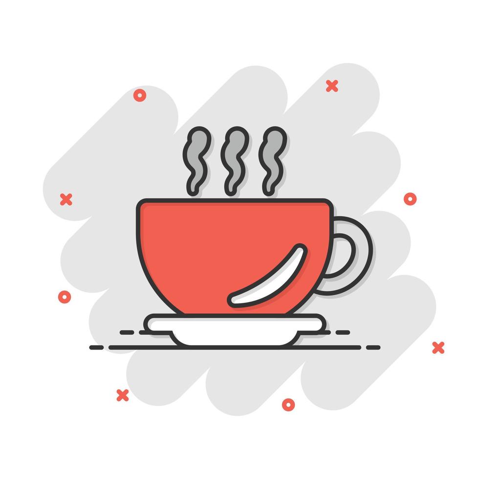 Coffee cup icon in comic style. Hot tea cartoon vector illustration on white isolated background. Drink mug splash effect business concept.