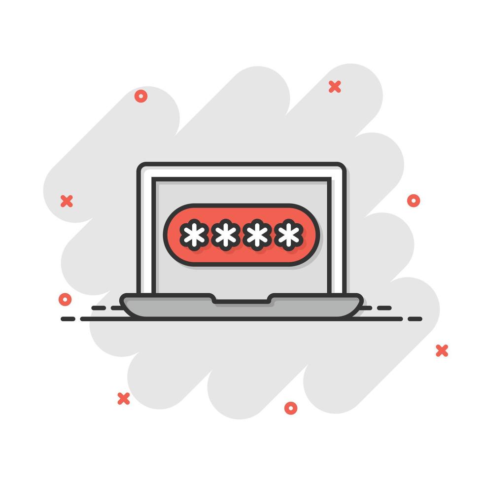 Laptop with password icon in flat style. Computer access vector illustration on white isolated background. Padlock entry business concept.
