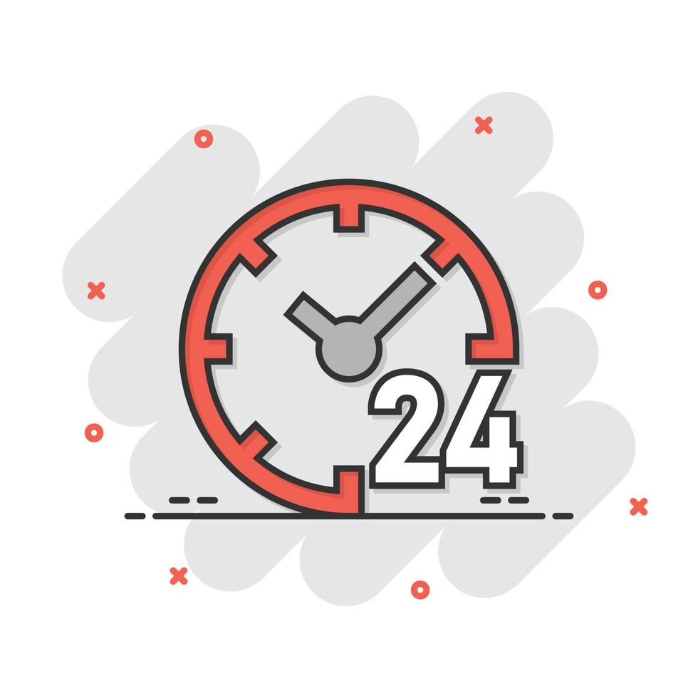 icono de reloj 24 7 en estilo cómico. ver ilustración de vector de dibujos animados sobre fondo blanco aislado. concepto de negocio de efecto de salpicadura de temporizador.