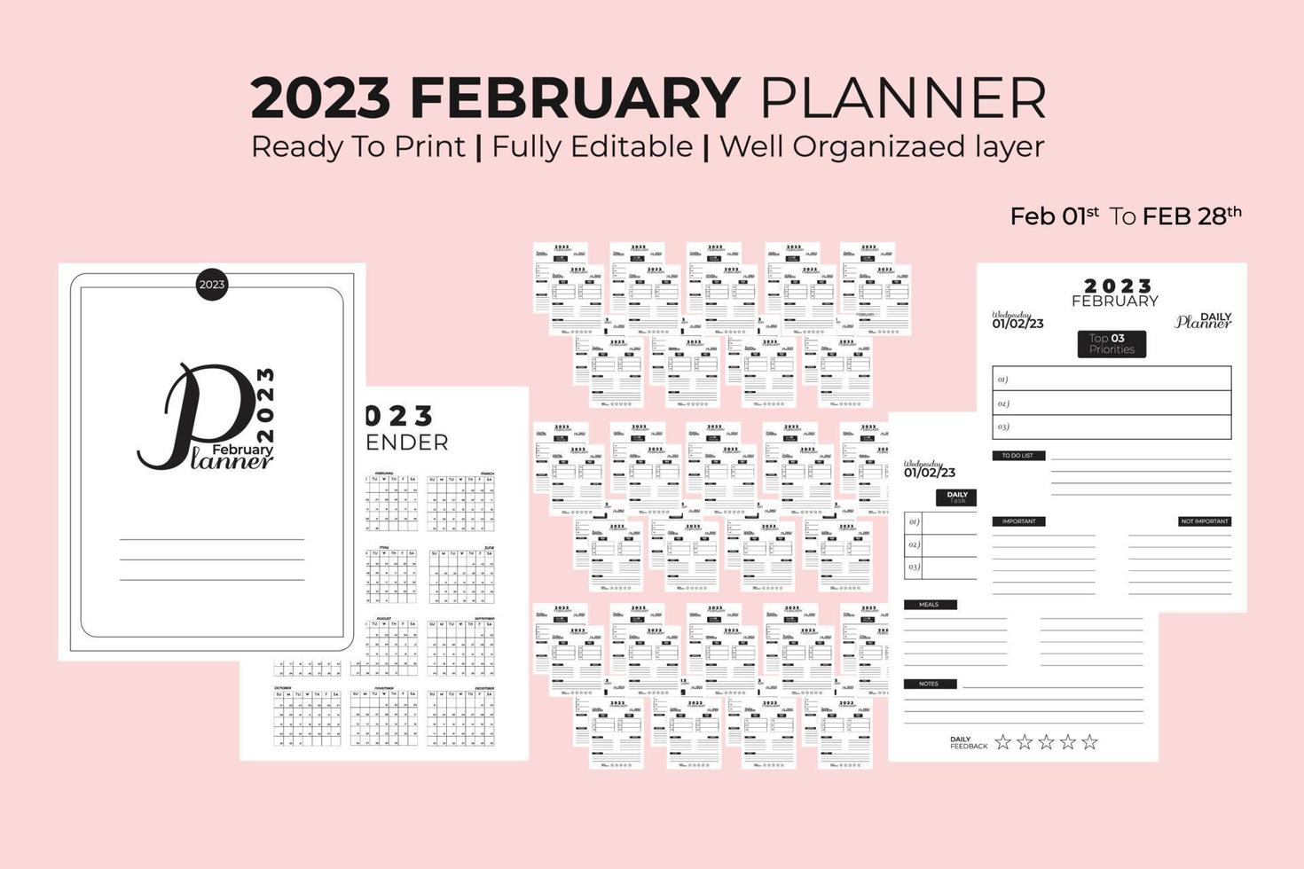 February Daily Planner 2023 vector