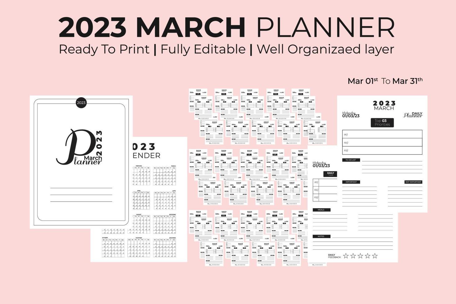 March Daily Planner 2023 vector