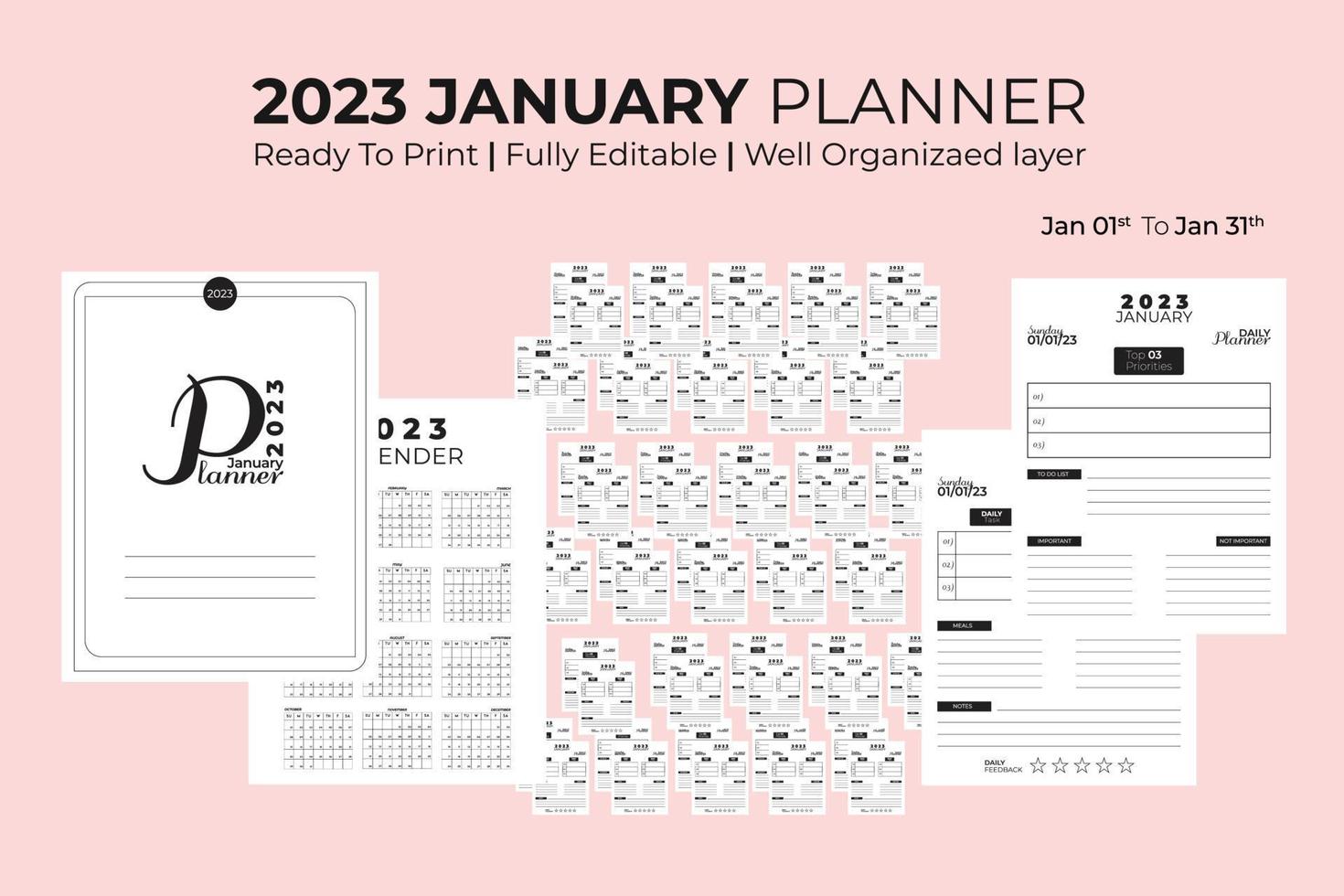 January Daily Planner 2023 vector