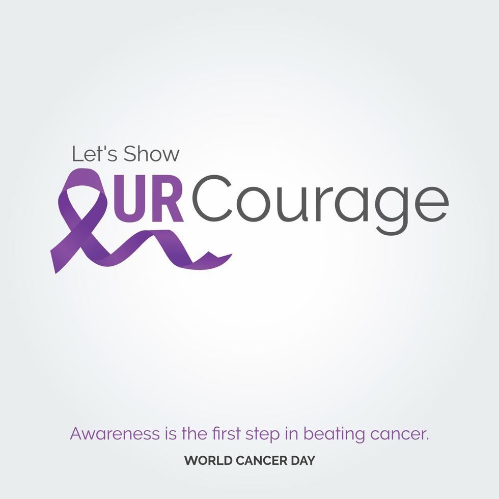 mostremos nuestra tipografía de cinta de coraje. la concientización es el primer paso para vencer al cáncer - día mundial contra el cáncer vector