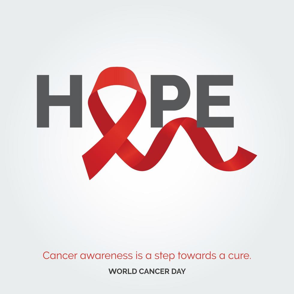 tipografía de cinta de esperanza. la conciencia del cáncer es un paso hacia la cura - día mundial contra el cáncer vector