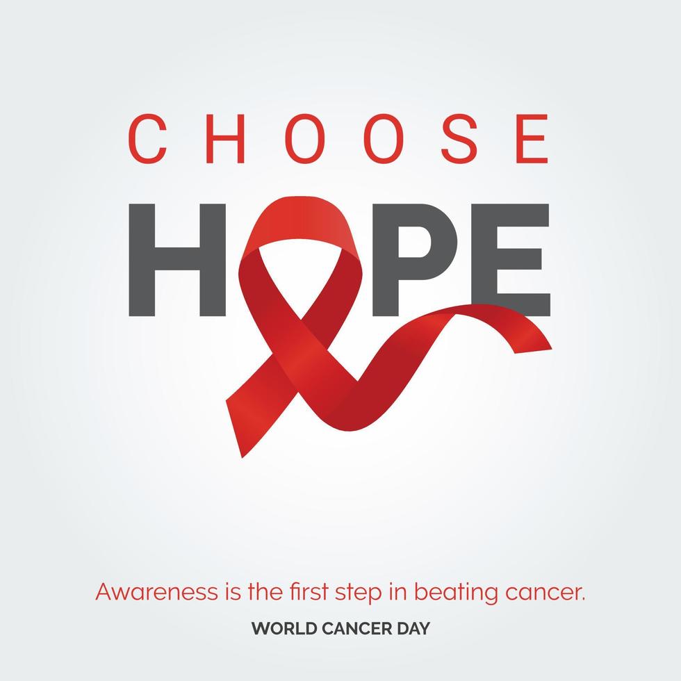 elija la tipografía de la cinta de esperanza. la concientización es el primer paso para vencer al cáncer - día mundial contra el cáncer vector